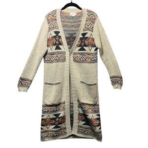 Kamana Southwestern Longline Cardigan Sweater Aztec Knit Boho Open Front‎ M